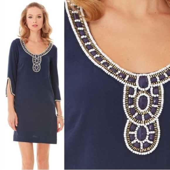 Lilly Pulitzer Sarah True Navy Beaded Embellished Tunic 3/4 Sleeve Dress. - Picture 1 of 11